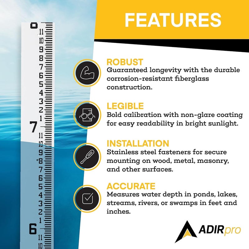 AdirPro 4" Wide Stream Gauge - Heavy Duty Staff Gauge - All Weather Gauge - Water Depth Gauge - Flow Meters - Graduated in Feet/Inches (4-8') - Image 2